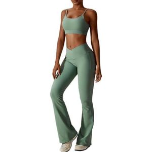 BaoBaJiu Workout Sets Voor Vrouwen 2-delige Geribbelde Lace Up Terug Sport BH Crossover Hoge Taille Flare Leggings Gym Sets, #1 Groen, M