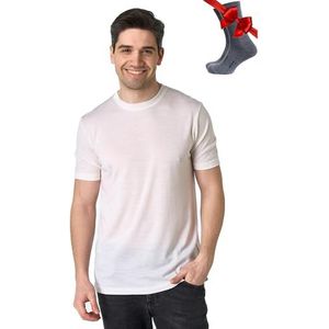 Premium Merino shirt heren korte mouwen - thermische bovenstukken 100% merino ondergoed heren + wandelwollen sokken, Creamy White, M