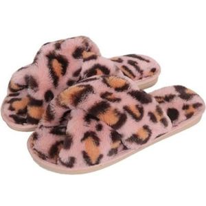 Pluizige pantoffels voor meisjes | Open teen luipaardprint warme, zachte pluche gekruiste band imitatiebont huis dia sandalen | Harige fleece slip- indoor pantoffels, namaakbont Bittu