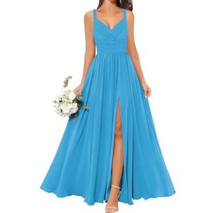 WSEYU Chiffon bruidsmeisjesjurk voor dames, met split, galajurken, plooien, cocktailjurk, grote maten, meerblauw, 32
