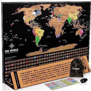 Landmass Scratch Off kaart van de wereld - Black Scratch Off World Map Poster met vlaggen - Wereldkaart Scratch Off - Levendige kleuren - De Gift Reizigers willen - 17 x 24 inch Travel Tracker Kaart