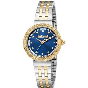 JUST CAVALLI Vrouwen horloge, Two Tone Zilver & Goud Kleur Case, Donkerblauwe Wijzerplaat, Two Tone Zilver & Goud Kleur Metalen Armband, 3 Handen, 3 ATM, Tweekleurige zilveren en gouden kleur, armband