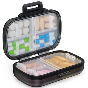 AUVON Tablettenbox 7 dagen, 1 pak draagbare pillendoos met ergonomisch sluitsysteem, compacte reis-medicijnbox 7 dagen met 7 diepe vakken voor visolie, vitaminen (zwart)