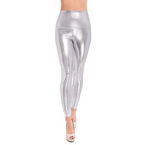 SOFTSAIL Leggings voor dames met hoge taille, skinny broek van latex, glanzende leggings met lederlook, alledaagse broek, hoge taille, elastische tailleband, zilver, 42