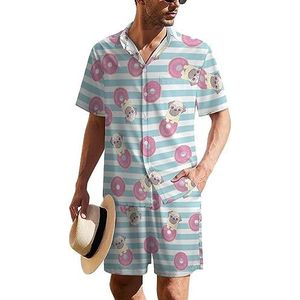 Roze grappige mopshond en donut Hawaiiaanse pak voor heren, set van 2 stuks, strandoutfit met korte mouwen en korte mouwen, bijpassende set