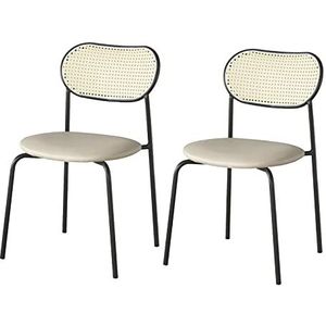 GEIRONV Eetstoel,voor Slaapkamer Balkon Woonkamerstoelen Smeedijzer Rugleuning Stoel Leer Zwarte Benen Rotan Stoel 2 Stuks Eetstoelen (Color : Beige)