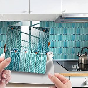 Muurtegels 25 stuks wandtegelstickers, vierkant retro pauwenveer mozaïekstijl waterdichte stickers sticker for keuken woonkamer badkamer thuis vloer doe-het-zelf decor zelfklevend (Color : Turquoise
