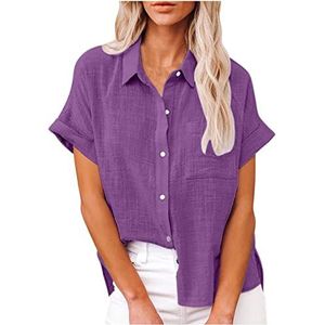 Dames button-down shirts zomer korte mouw oversized blouses met zak effen kraag tops voor dames plus size verkoop, mode dames tops UK, Paars, 4XL