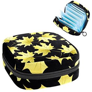 Maandverband Opbergtas, Menstruatie Cup Pouch Tampon Bag, Periode Pads Houder Organizer voor Vrouwen Meisjes, Geel Esdoorn Bladeren Patroon Zwarte Achtergrond