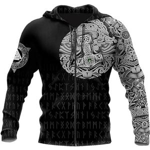 Viking-hoodie met rits for heren, Noorse mythologie Quake-pullover met volledige ritssluiting, buiten, grote zak met trekkoord en capuchon (Color : A, Size : L)