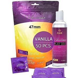 VIBRATISSIMO condoom XXS Vanilla 50-pack & glijmiddelset - Aromatische, dunne condooms voor mannen - b=47mm