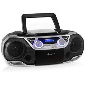 auna Roadie 2K Stereo Boombox, radio met DAB+/FM, CD-speler, CD-R/CD-RW/CD-MP3, cassetteradio, portable, USB-poort, MP3/WMA, Bluetooth 5.0, AUX-ingang, netvoeding en batterijvoeding, zilver