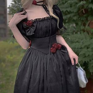 Gotische vintage zwarte jurk Chiffon Korte mouw Sweet Lolita jurk chic en elegant prom zelfs feestjurk voor vrouwen zomer-Black,L