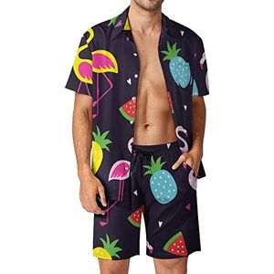 Kleurrijke Flamingo En Watermeloen Mannen Hawaiiaanse Bijpassende Set 2 Stuk Outfits Button Down Shirts En Shorts Voor Strand Vakantie