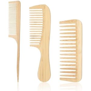 Xiaohui887 3 stuks natuurlijke handgemaakte bamboe anti-statische kammen set - brede tand, rattenstaart en fijne tand, natuurlijke houten kammen voor haar, baard, reisvriendelijk, handgepolijst