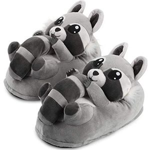 corimori Schattige pluche pantoffels (10+ designs) Wasbeer Lina, slipper één maat 34-44, uniseks, grijs, zwart