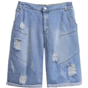 Pegsmio Gescheurde Gaten Knielengte Jean Capris Elastische Hoge Taille Fray Revers Half Denim Broek, Blauw, 3XL