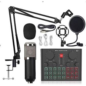 Complete podcastkit, BM800 Microfoon Professionele Condensator Draadloze MIC Geluidskaart Met Ring Invullicht Cantilever Beugel Live Streaming(Silver BM800 D6 LED)