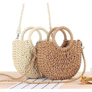 MKLHAVB Stro Tas Handgemaakte Half-Ronde Rotan Geweven Stro Crossbody Tas Zomer Strand Vrouwen Messenger Schoudertassen Meisjes Kleine Handtas Geweven Tas, Beige-2, Eén maat