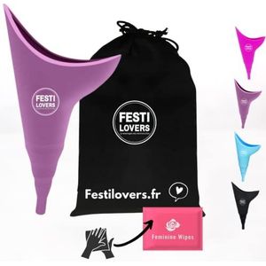 Draagbaar waterdicht urinoir voor vrouwen met hygiënische doekjes om te plassen tijdens het festival, staand voor dames buiten. WC en draagbaar toilet (paars)