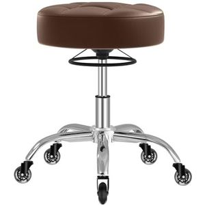 Rolkruk, kruk in hoogte verstelbaar met ringheffing, dik schuim voor zacht comfort, stoel met wielen 360 graden, werkkruk tot 180 kg belastbaar, draaikruk voor salon, spa en huishouden, bruin