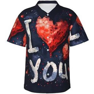 XTYGETY I Love You Words with Hearts Print Zomer Strand Button-Down Korte Mouw Hawaiiaans Shirt voor Mannen Tropische Vakantie Shirts, Zwart, S