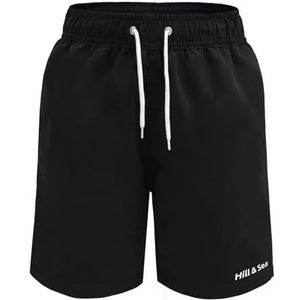 Hill & Sea Zwembroek voor jongens, sneldrogend, boardshorts, ademend, waterafstotend, zwemshorts met mesh-voering, zakken en verstelbaar trekkoord, maat 140-176, zwart, 164