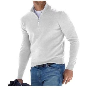 BAWUTZ Basic kasjmier sweater met rits voor heren, polo, klassiek, sweater met V-hals, lange mouwen, voelt aanvoelend, kwart rits (wit, S)