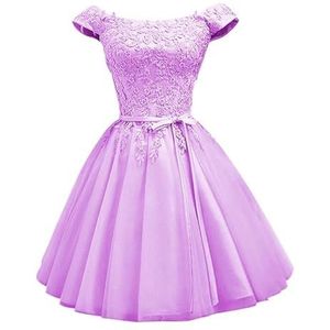 YIANN Off-shoulder satijnen thuiskomst jurken voor tieners met kanten applicatie mouwloze A-lijn baljurk korte galajurk, Lila, 32