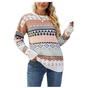 Dames Vintage Fair Isle trui Casual losse gebreide truien met lange mouwen Ronde hals gebreide trui Jumper Kawaii coltrui Roze XL