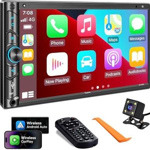 Dubbele Din Auto Stereo Compatibel met Voice Control Apple Carplay - 7 Inch HD LCD Touchscreen Monitor, Bluetooth, Subwoofer, USB/SD-poort, A/V-ingang, AM/FM autoradio-ontvanger, back-upcamera