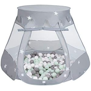 SELONIS Baby speeltent met plastic ballen, tent 105 x 90 cm / 200 ballen, plastic ballen voor kinderen, grijs: wit, grijs, mint