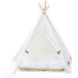CLS Little Dove Hondentipi-tent, huis en tent met kant voor hond of huisdier, afneembaar en wasbaar met matras, wit (L)