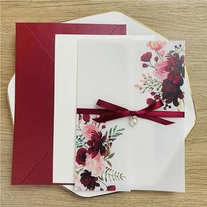 Vellum jassen 25 stuks groen blozen roze bloemen duidelijk vellum jas kaarten bruiloft uitnodigingen met enveloppen zoet 15 uitnodigingen (kleur: bordeaux, maat: blanco set)