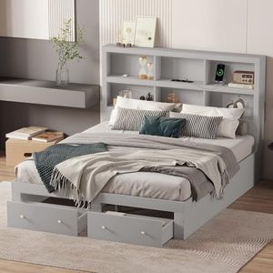 Aunvla Tweepersoonsbed, massief hout, kingsize platformbed met twee laden aan het voeteneinde van het bed, hoofdeinde met opbergruimte, grijs