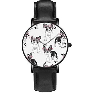 Cartoon Franse Bulldog in Roze Bril Klassieke Patroon Horloges Persoonlijkheid Business Casual Horloges Mannen Vrouwen Quartz Analoge Horloges, Zwart