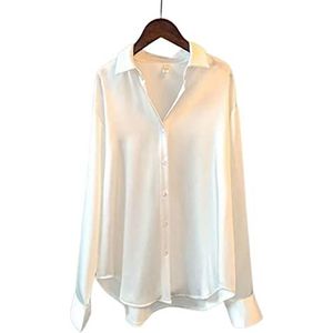 Gaomin Satijnen blouse voor dames, voor dagelijks gebruik, kantoor, lange mouwen, button-down-blouse met V-hals, satijnen blouse-overhemden voor vrouwen, all-matching-tuniek met lange mouwen, button-down, dameskleding