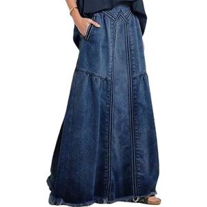 HGKPFGTG Casual Lange Denimrokken voor Dames Elastische Taille Gerafeld Ruwe Zoom Losse Effen Maxirok met Zakken,Blauw,4XL