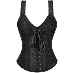 Steampunk Bandjes Overbuste Korset Met Cup Rits Sexy Jacquard Bloemen Corset Taille Cincher Bustier Lingerie Top Plus Size, 6806zwart, 3XL