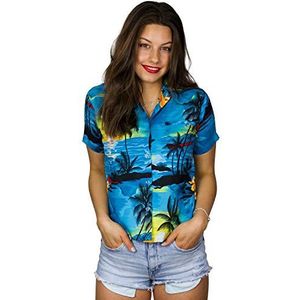 King Kameha Funky Hawaïblouse voor dames, korte mouwen, voorzak, Hawaii-print, strand, surf patroon, Surf Turquoise, XS