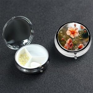 BTCOWZRV Oranje rode bloemprint pillendoos ronde pillendoos 3 compartimenten mini medicijnopbergdoos voor vitamines draagbare pillenorganisator metalen reizen pillendoos pillencontainer voor zak