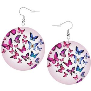 OPSREY Roze vlinders gedrukt Fashion lederen oorbellen gedrapeerde haak oorbellen ronde vormige oorbellen, Eén maat, Kunstleer