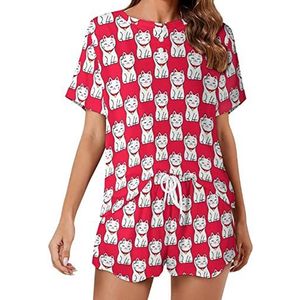 Japanse Maneki-neko Kat Zachte Dames Pyjama Korte Mouw Pyjama Loungewear met Zakken Gift voor Thuis Strand S