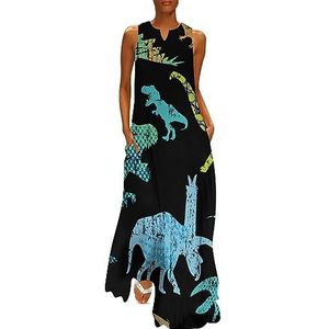 Grunge Dino Dinosaurus dames enkellengte jurk slim fit mouwloze maxi-jurk casual zonnejurk L