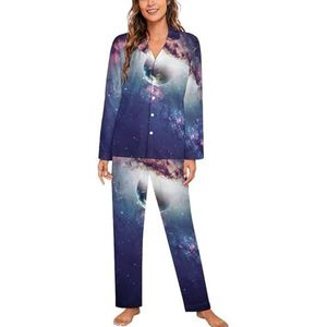 Universe And Planets Vrouwen Lange Mouw Button Down Nachtkleding Zachte Nachtkleding Lounge Pyjama Set 2XL
