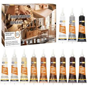 Houtreparatieset, 12 kleuren houtvulmiddelen, Meubelreparatieset reparatie krassen, barsten, verkleuring voor houten meubelen, kasten, vloeren, tafeloppervlakken Hout Retoucheerplamuur Houtverf