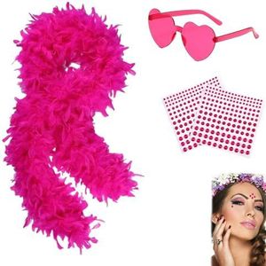 Set van 4 accessoires, 2 m natuurlijke roze veren boa, veren boa, veren boa's multipack, boa's, roze boa, hartvormige frameloze zonnebril, geschikt voor dansen, huwelijksfeesten, rollenspel