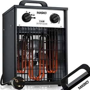 Masko® Elektrische kachel, 3 kW, met geïntegreerde thermostaat, 3000 watt, 3 warmtestanden, voor binnen en buiten, overbelastingsbeveiliging, wit