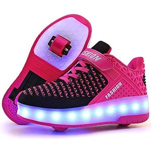 LED Trainers, LED Light-UP Rolschaatsen Schoenen, voor Unisex Kids Jongens Meisjes, USB Oplaadbaar, Intrekbare Enkele Dubbele Wielen, Outdoor Sport Cross Schoenen Running Sneakers, Rood Dubbel Wiel,