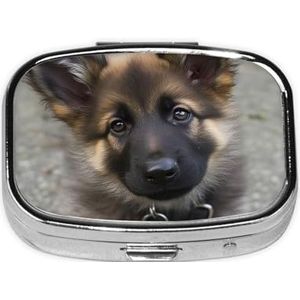Kleine pillendoos draagbare pillendoosje 2 compartimenten metalen pillenhouder organisator schattige schattige Duitse herder puppy reizen pillendoos voor portemonnee zak